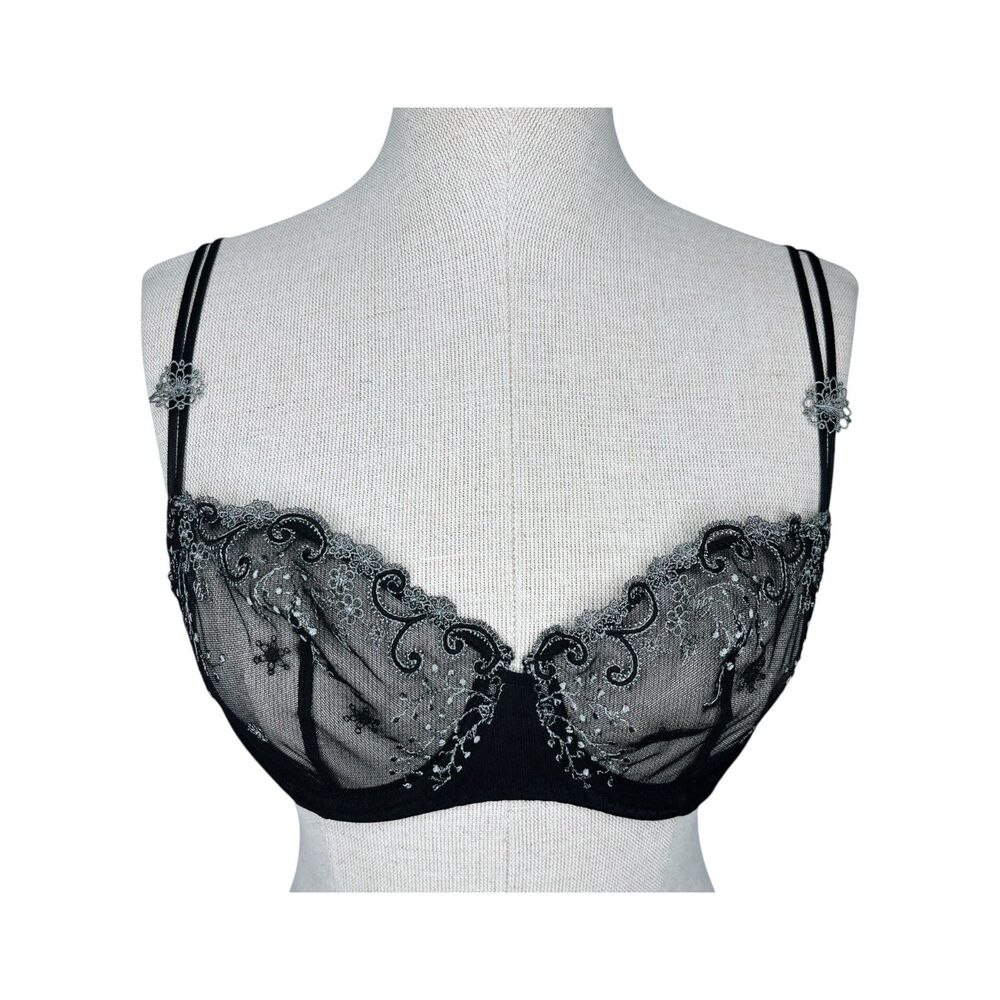 Simone Perele Delice Sheer Lace Bra sz 32D * Mesh Scallop Trim Floral Embroidery